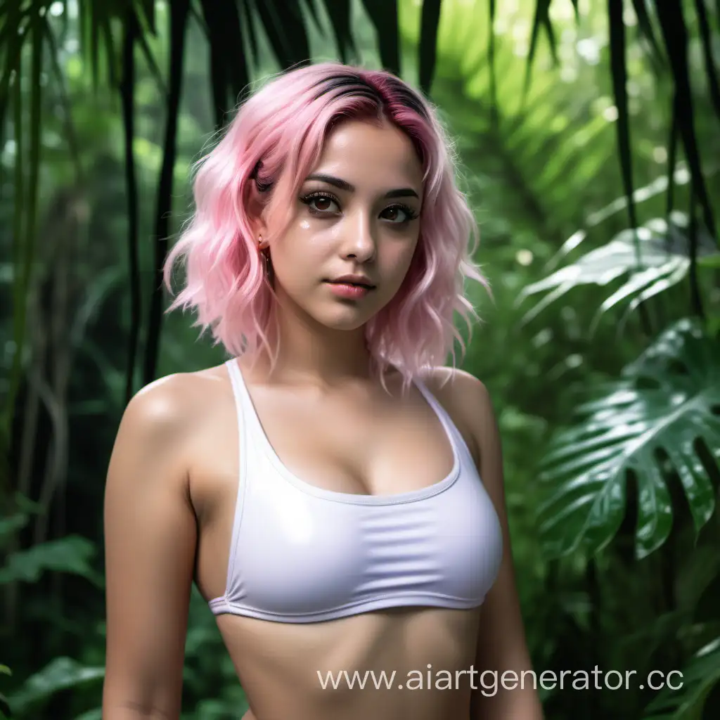 Tropical-Paradise-PinkHaired-Girl-in-White-Swimsuit-Amidst-Jungle
