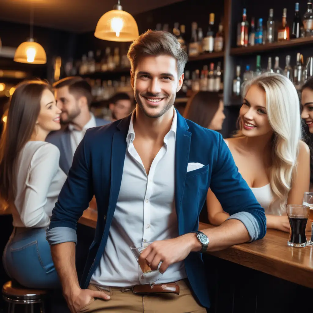 a handsome guy in smart casual clothes getting the attention of ladies in the bar