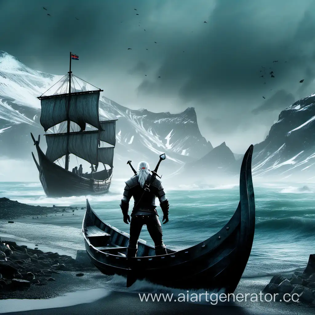 Ведьмак Геральт из Ривии бродит по берегу Исландии с разрушенными лодками и кораблями . На одной лодке сидит русалка и обнимает мертвого викинга 