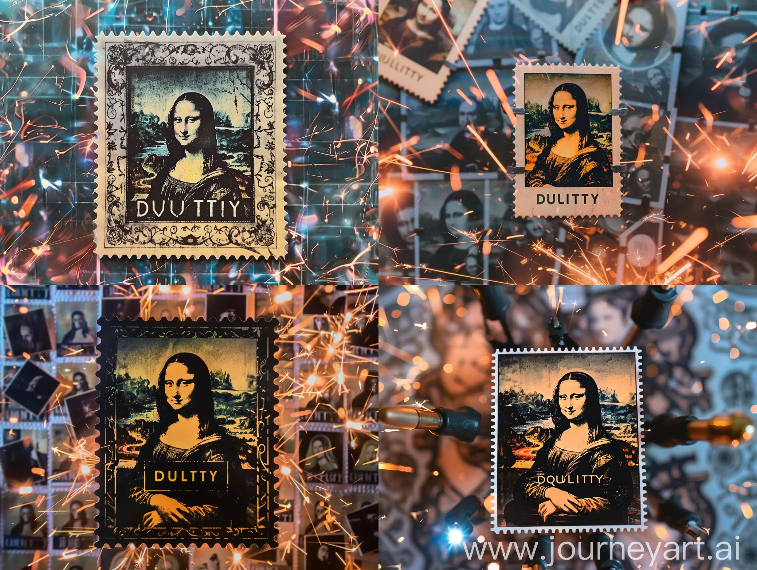 Stamp sticker with text DUALITY in the middle of it, Mona Lisa in web-punk style in the background, background filled with electric sparks