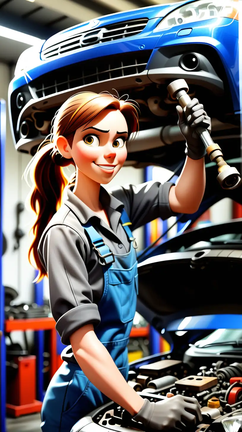 a female car mechanic at work carrying out repairs on a car