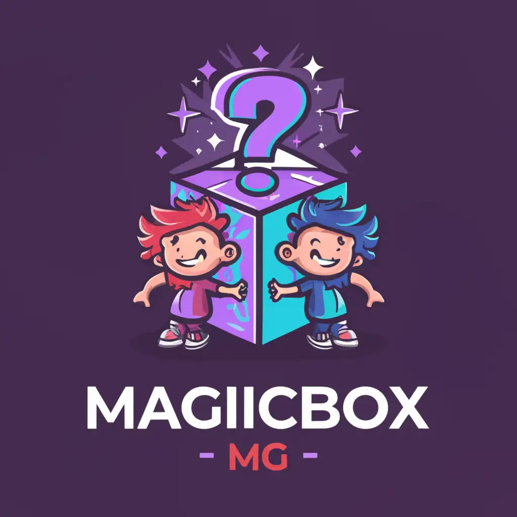 a logo design,with the text "MagicBox MG", main symbol:2 boys leaning against each other with a mysterious box behind them with purple question marks and bright polar stars,Moderate,be used in Entertainment industry,clear background