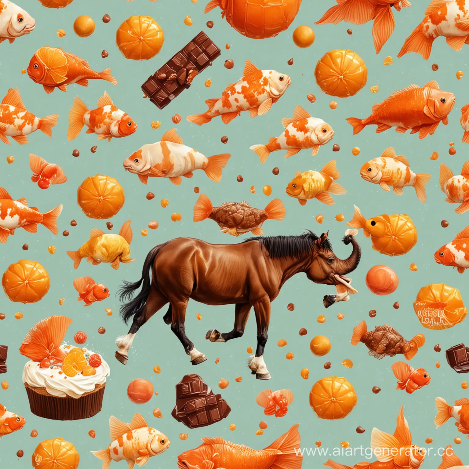 Vibrant-Wildlife-Feast-Running-Horse-Goldfish-Orange-Cake-Chocolate-Candies-and-Elephant-with-Fluttering-Butterflies