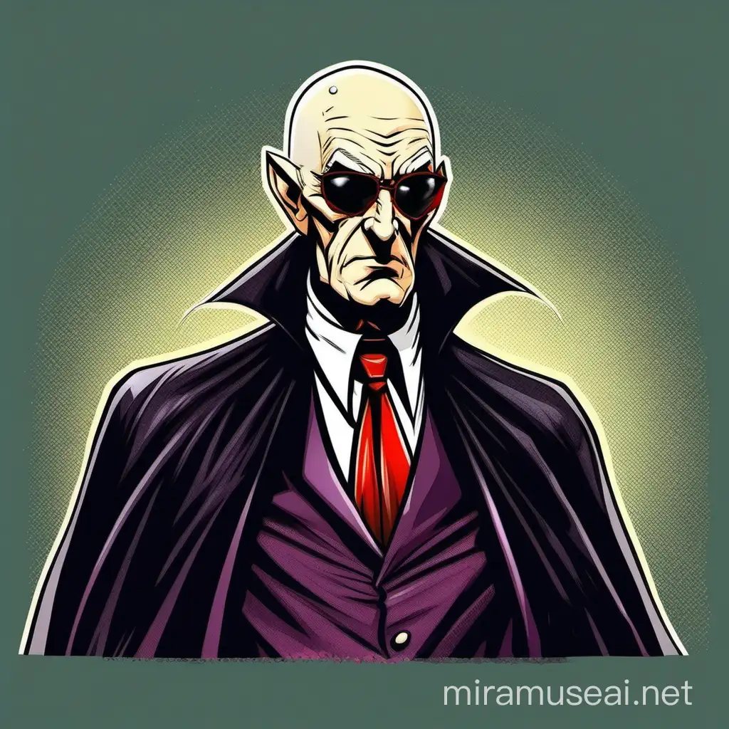 Comic Style Bald Old Man in Dracula Outfit with Sunglasses