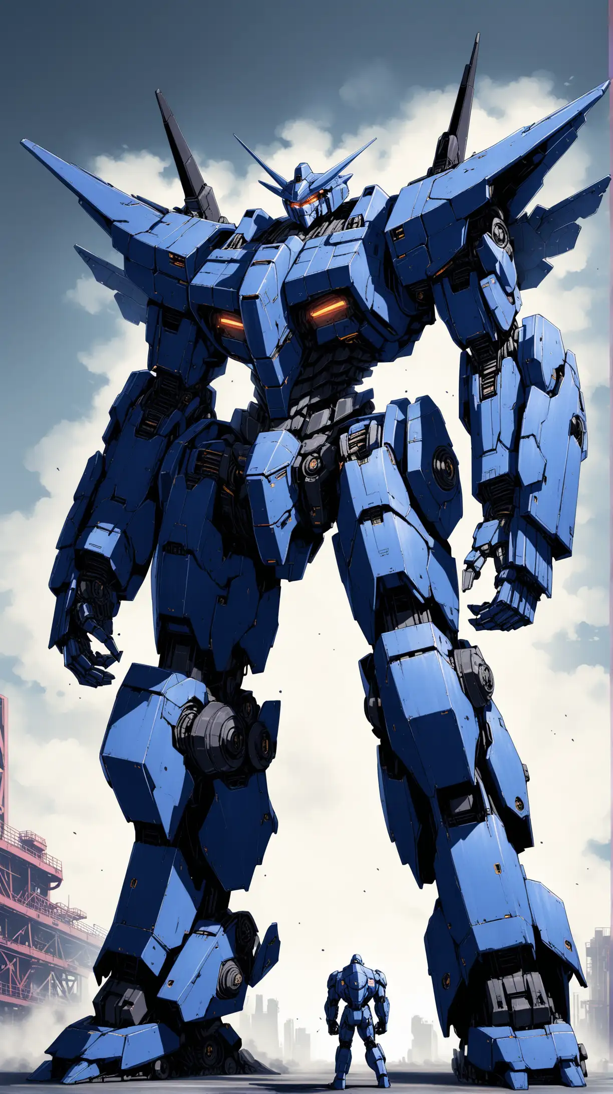 full giant robot with body and arms and legs colored indigo and black, metal, menacing, strong