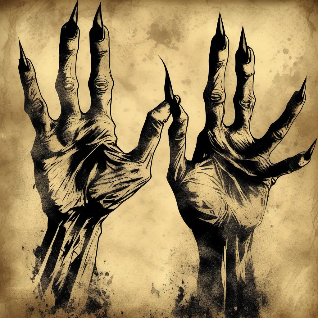 Zombie witch hands, reaching out, sharp nails, black ink, grungy old paper, victorian