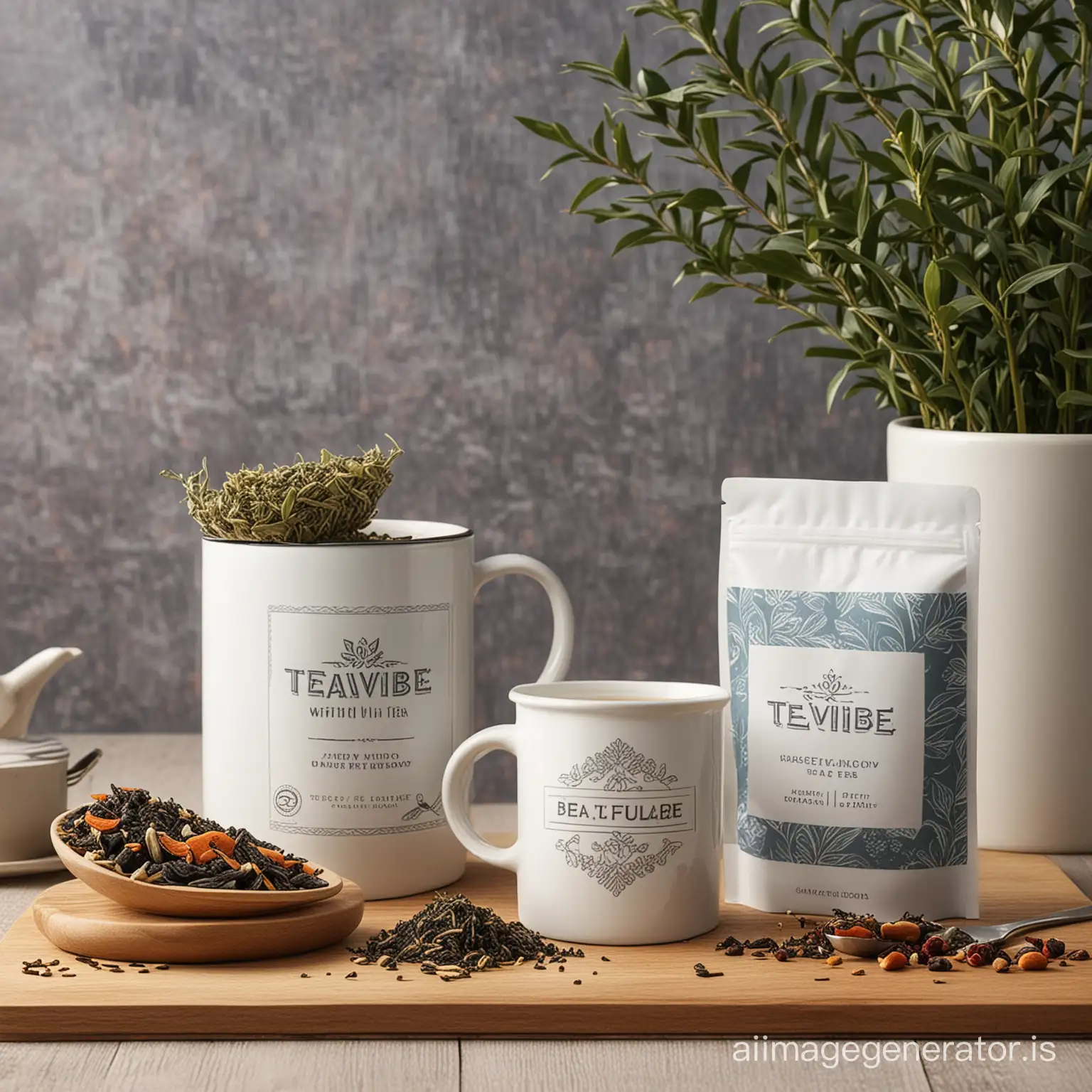Come up with an amazing packaged tea with a the inscription TeaVibe with a mug of tea and a beautiful homely cozy background