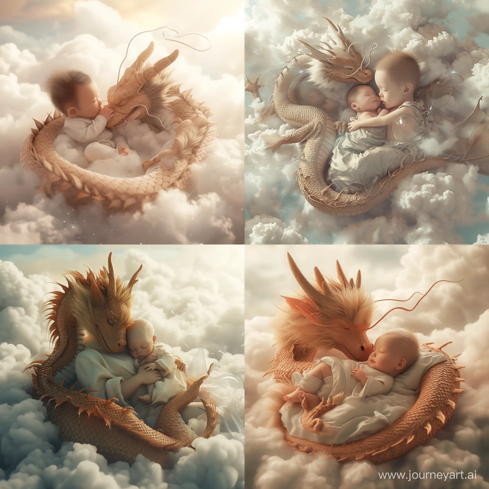 A cute human baby and a Chinese dragon cuddle up and sleep in the clouds, translucentglass, brush, anime aesthetic, furry art,, delicate,3d, c4d render, 16k, ultra high detail