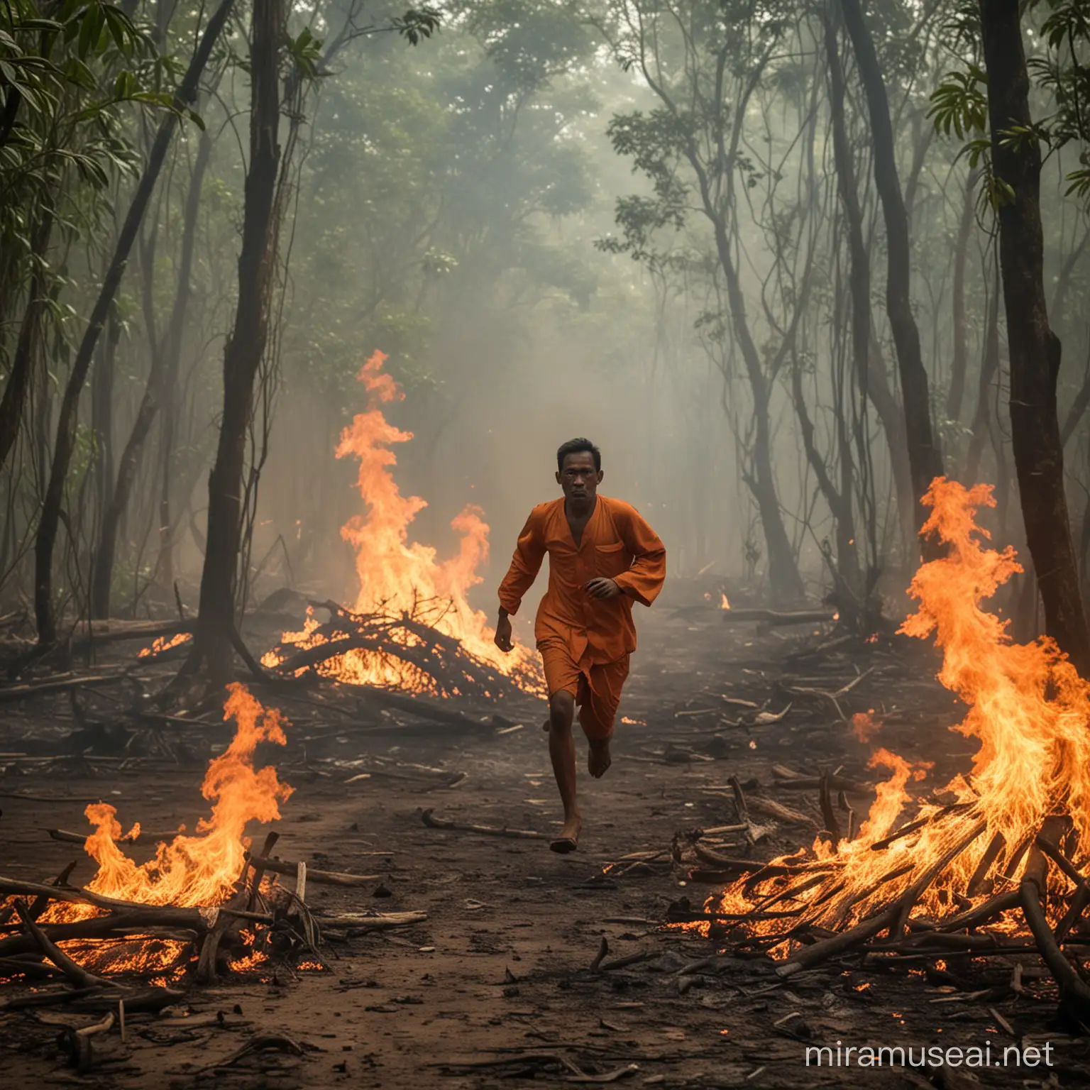 burning rainforest, orang uthan running away