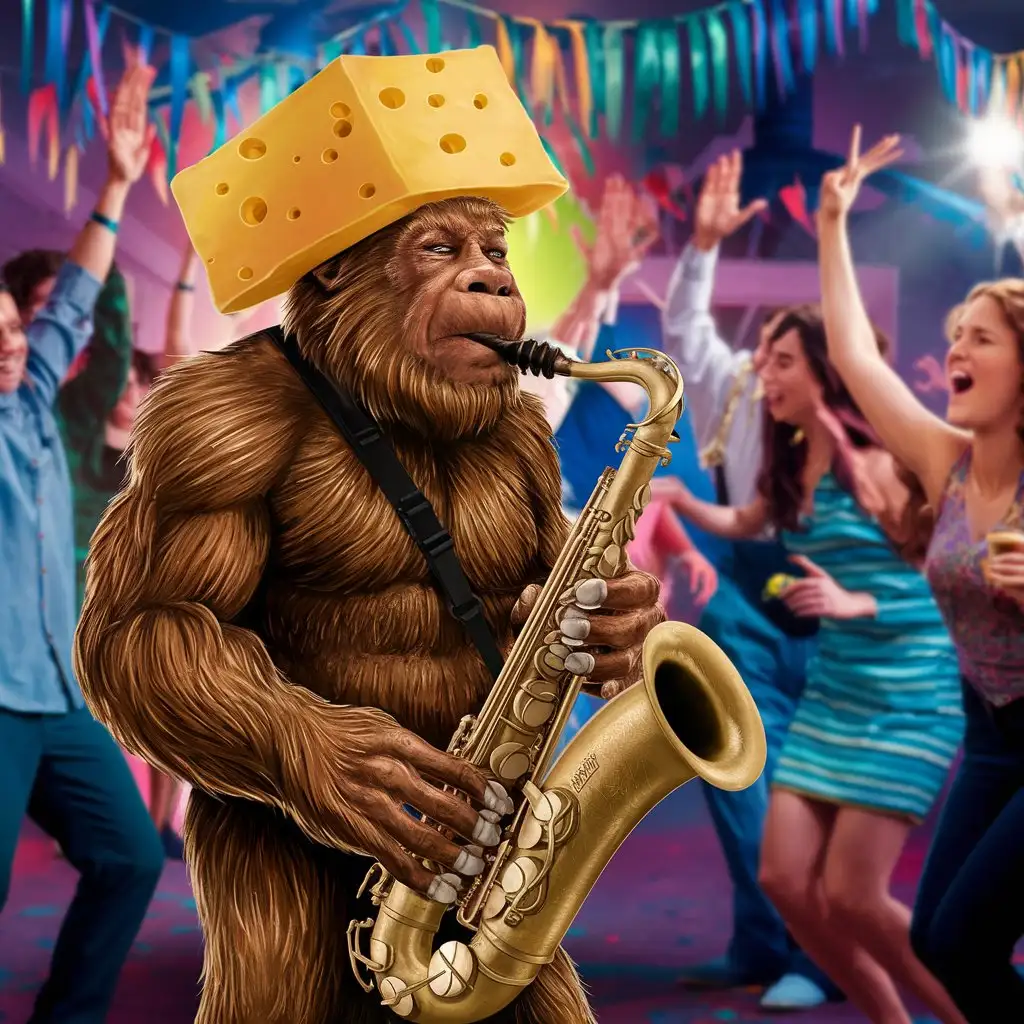 Bigfoot playing the sax with a cheesehead on 
