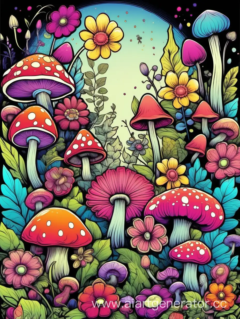 composition of big fantasy flowers and little mushrooms, background is full of flowers, cartoon-style bold line work, vibrant colors, cel soft shading, different colors, extreme details, highest quality
