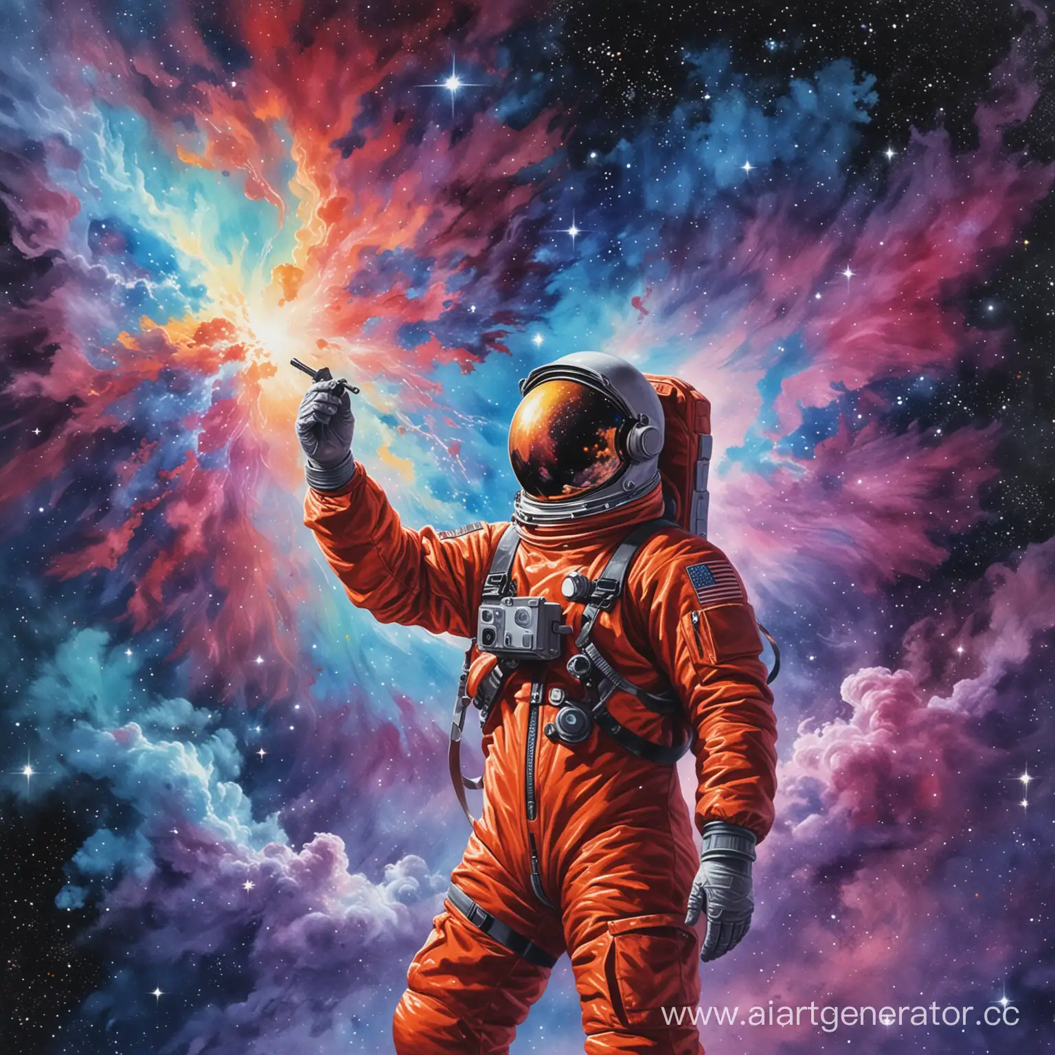 Человек, нарисованных гуашью в космическом пространстве на фоне туманностей