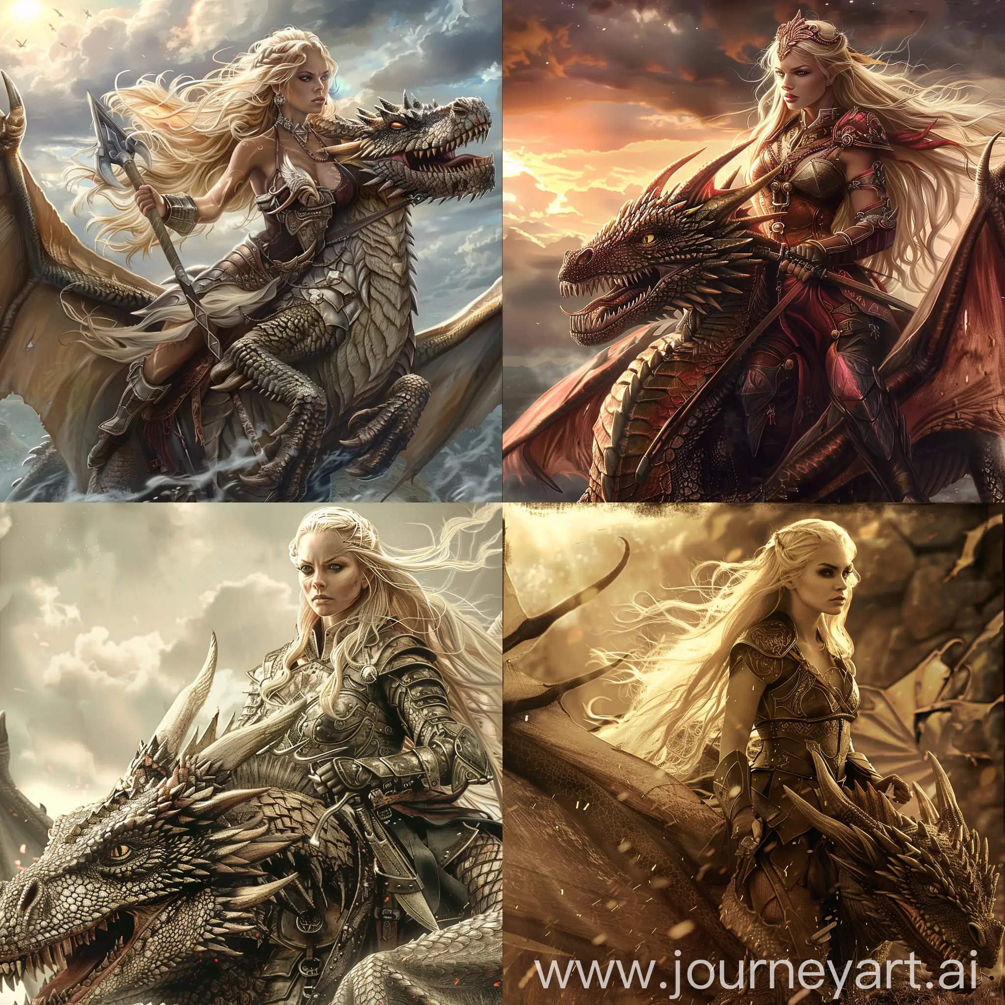 Beautiful Warrior maiden with long blonde hair riding a dragon. photographic
