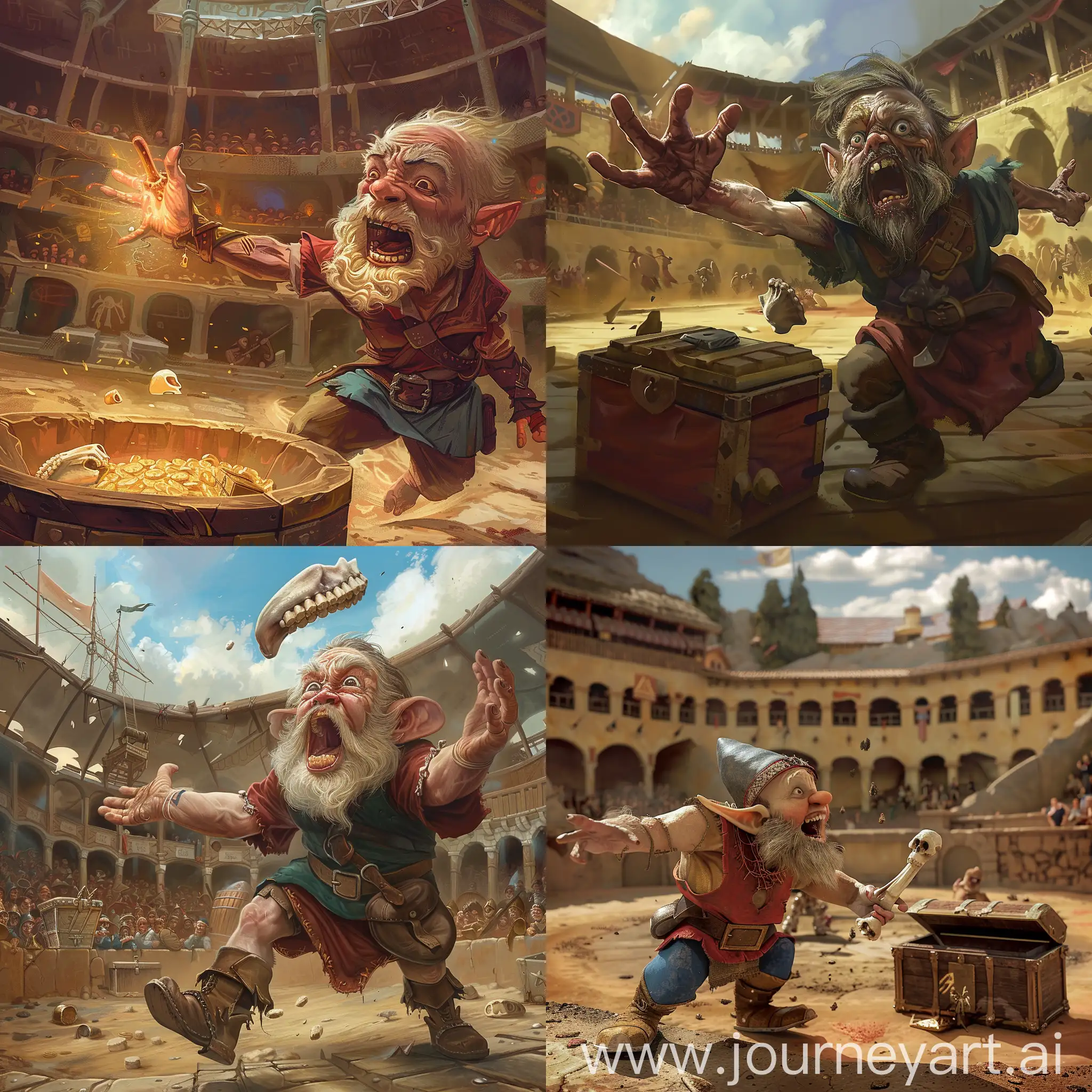 Photo of A dwarf in an open arena that is holding a human jaw bone in his hand, he is reaching out with the jaw bone and about to touch a treasure chest with the jaw bone. The dwarf is very scared and confused.