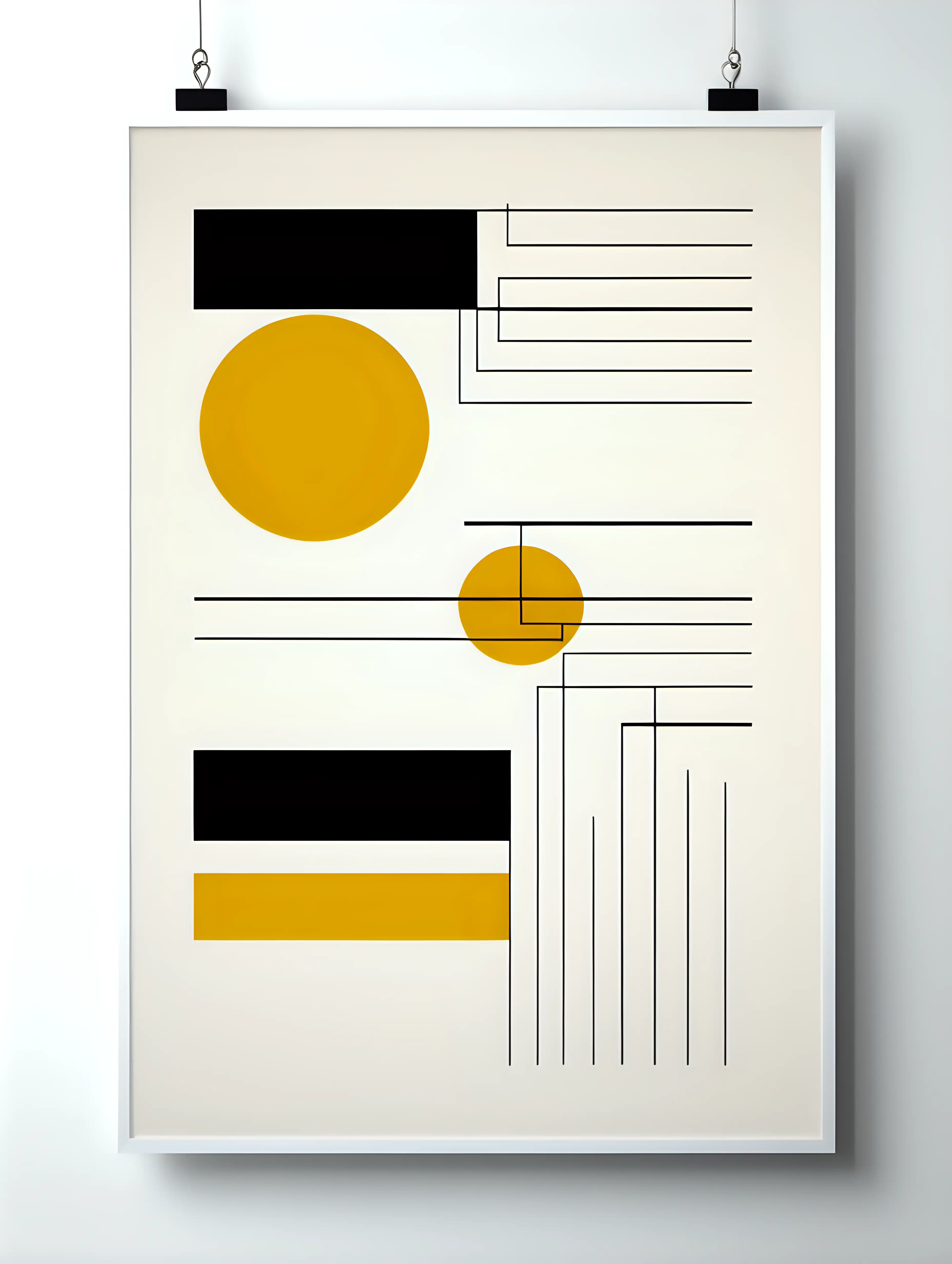 abstract geometric mid-century modern poster, yellow black white, 3 color minimal design, white background