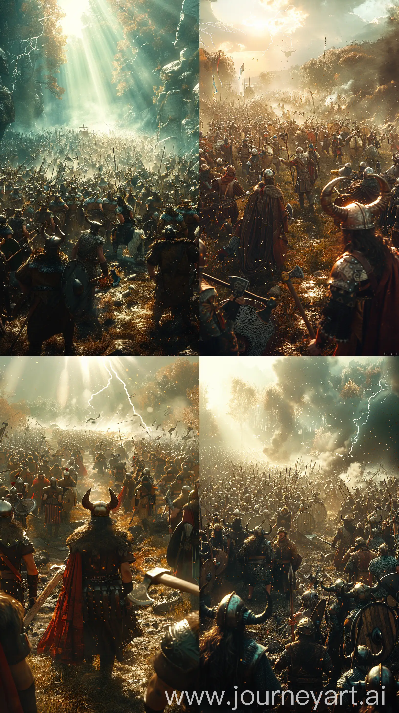 A grand scene of a slavic russian war, with large groups of warriors engaged in intense combat. The battlefield is set in an open field, with slavic russian in traditional armor, horn helmet and wielding axes and shields. The image captures the chaos and ferocity of the battle, emphasizing the dramatic and historical aspects of Russian warfare, high contrast , shimmering, sun rays, depth on fields, superb sharpness, photorealistic, 8k, natural lightning, HDR, 16k high resolution --ar 9:16 --stylize 750 --v 6