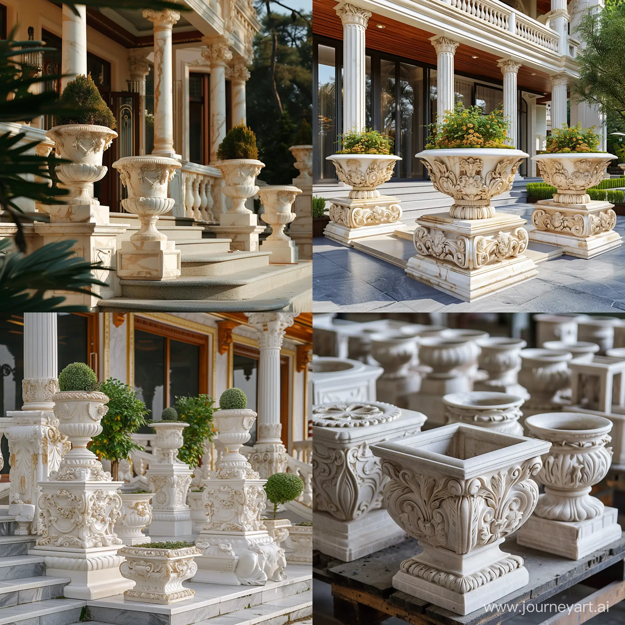 Elegant-Marble-Rococo-Villa-with-Ornate-Front-Square-and-Round-Pots