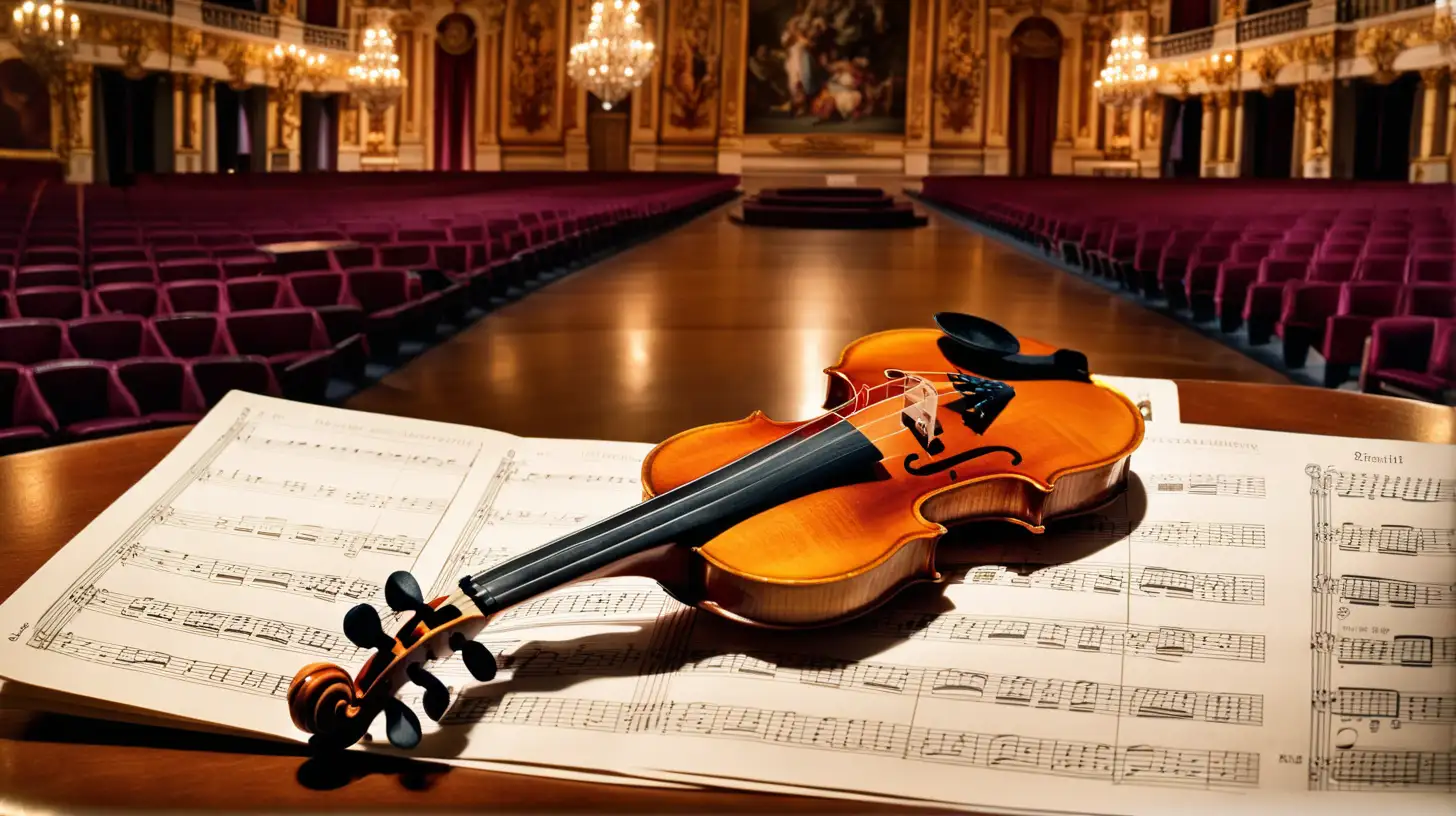 скрипка на нотной тетраде и столе на фоне концертного зала в стиле барокко 