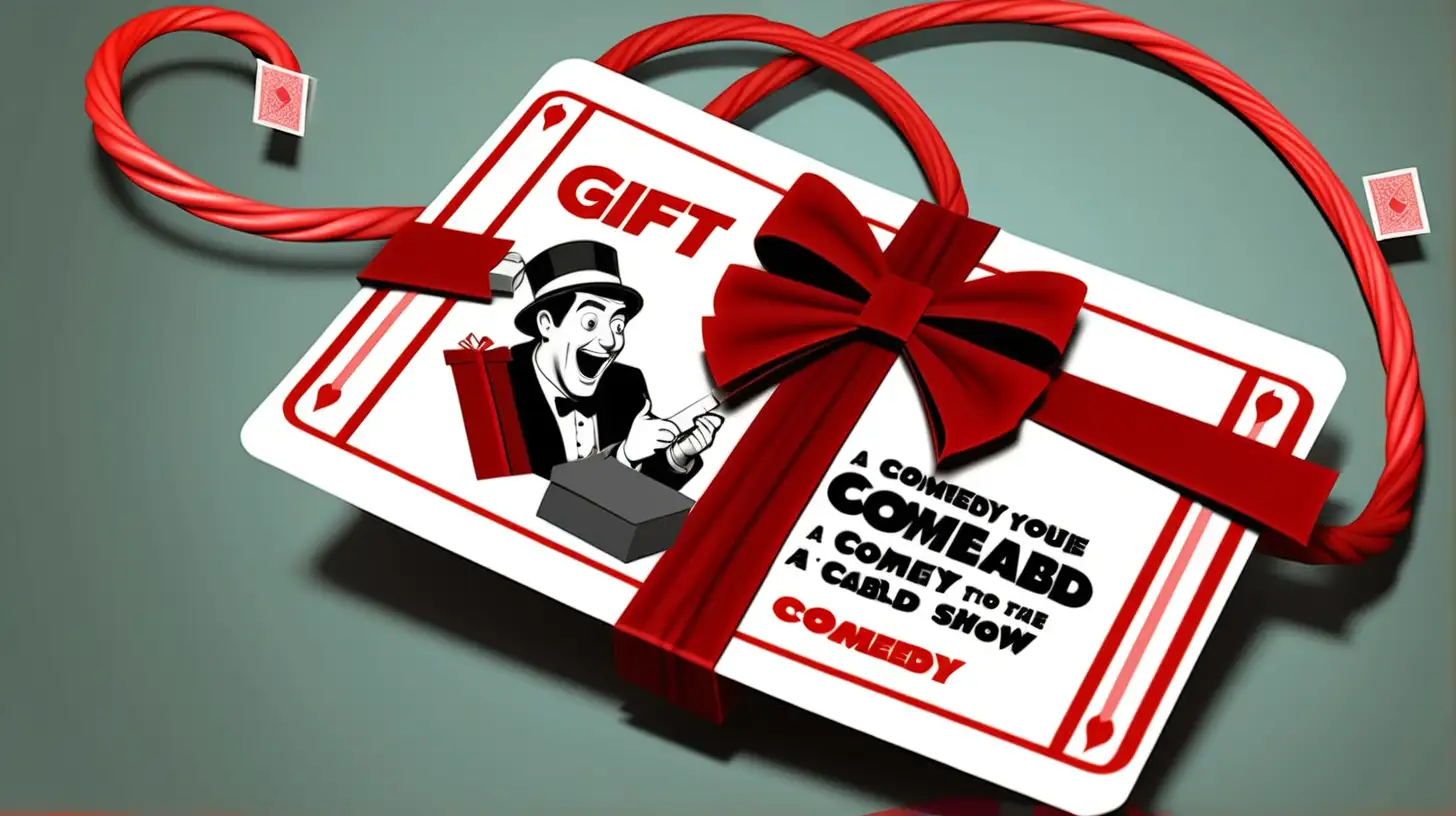 Genera una tarjeta para incluir unas entradas de regalo a una persona, donde el regalo es una obra de comedia cortando un cable rojo