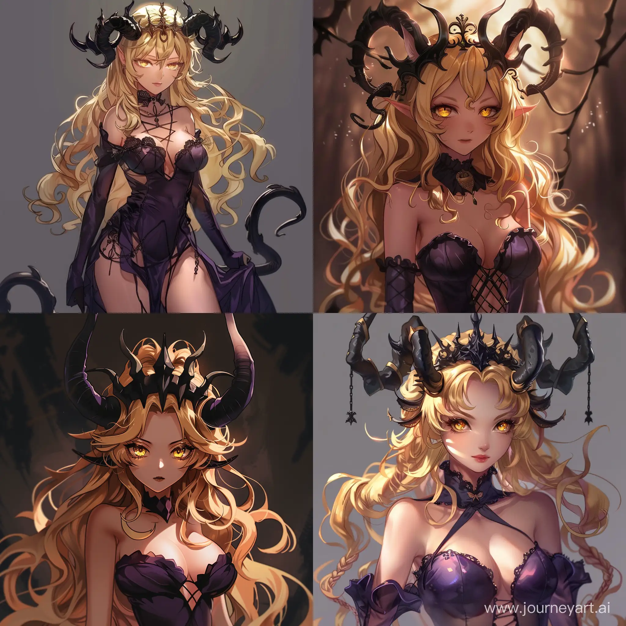 Demon woman with blonde hair and golden eyes with twisted horns, black crown and dark purple revealing dress in anime style