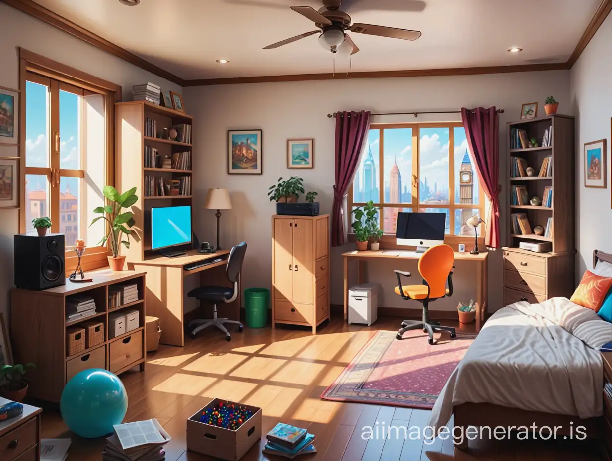 close-up view room , cluttered, multiple stuff in room, realistic 2d , game background, architecture, 2d art, game illustration
