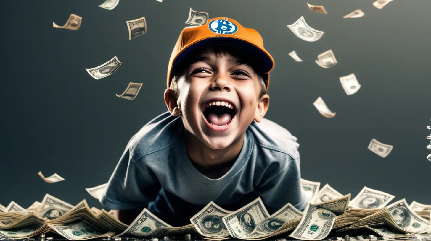 create an image with a young boy wearing a Bitcoin baseball cap, he is standing and laughing, while looking at many US dollar notes falling down the drain