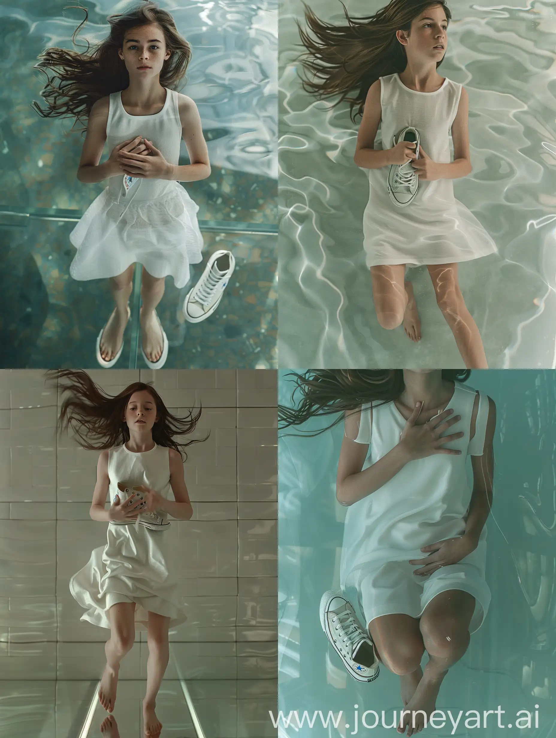 Девушка в простом белом платье без рукавов, развивающиеся на ветру волосы, стоит босиком на стеклянном полу, ее руки прижимают к груди кеды converse, 8к, высокая детализация, плёночная фотография, рассеяние света 