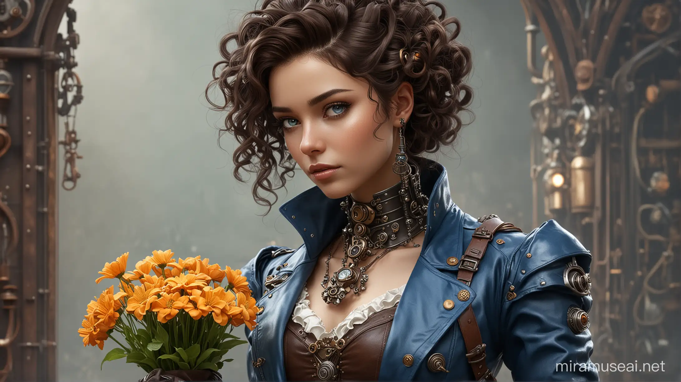 A steampunk robot gives flowers to a young  steampunk woman with dark, curly hair, leather steampunk blue jacket , delicate steampunk jewelry.