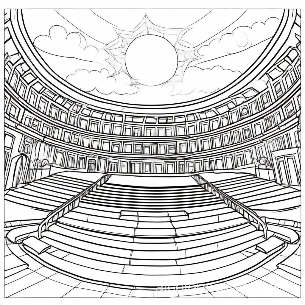 An amphitheater where stories are shared under the twilight sky, blending with the magic of the hour.. The background of the coloring page is plain white to make it easy for young and adult   to color within the lines. The outlines of all the subjects are easy to distinguish, making it simple for kids to color without too much difficulty, Coloring Page, black and white, line art, white background, Simplicity, Ample White Space. The background of the coloring page is plain white to make it easy for young children to color within the lines. The outlines of all the subjects are easy to distinguish, making it simple for kids to color without too much difficulty