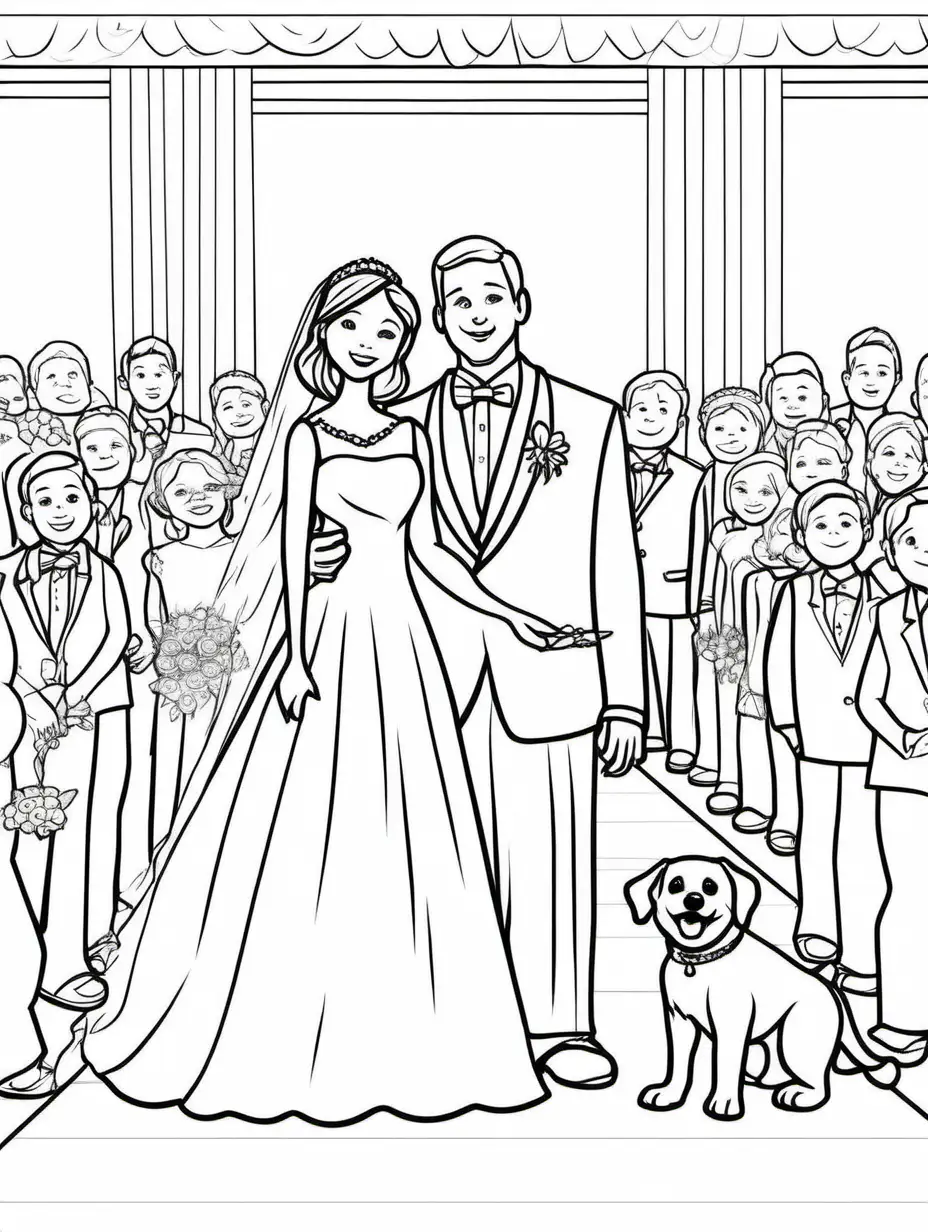 simple line drawing on a white background. easy to color. for kids. a dog attending a wedding ceremony. show the bride and groom and crowd in the background, Coloring Page, black and white, line art, white background, Simplicity, Ample White Space. The background of the coloring page is plain white to make it easy for young children to color within the lines. The outlines of all the subjects are easy to distinguish, making it simple for kids to color without too much difficulty