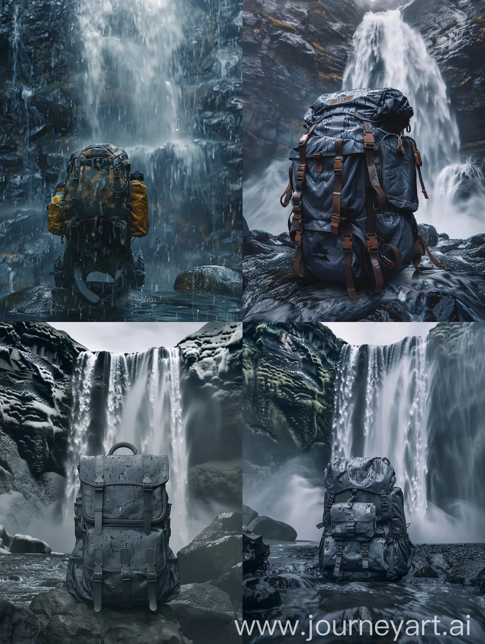 8k, realistic,   a composition showcasing an isolated camping backpack against the backdrop of a cascading waterfall, with intricate textures reflecting the mist and moisture of its 