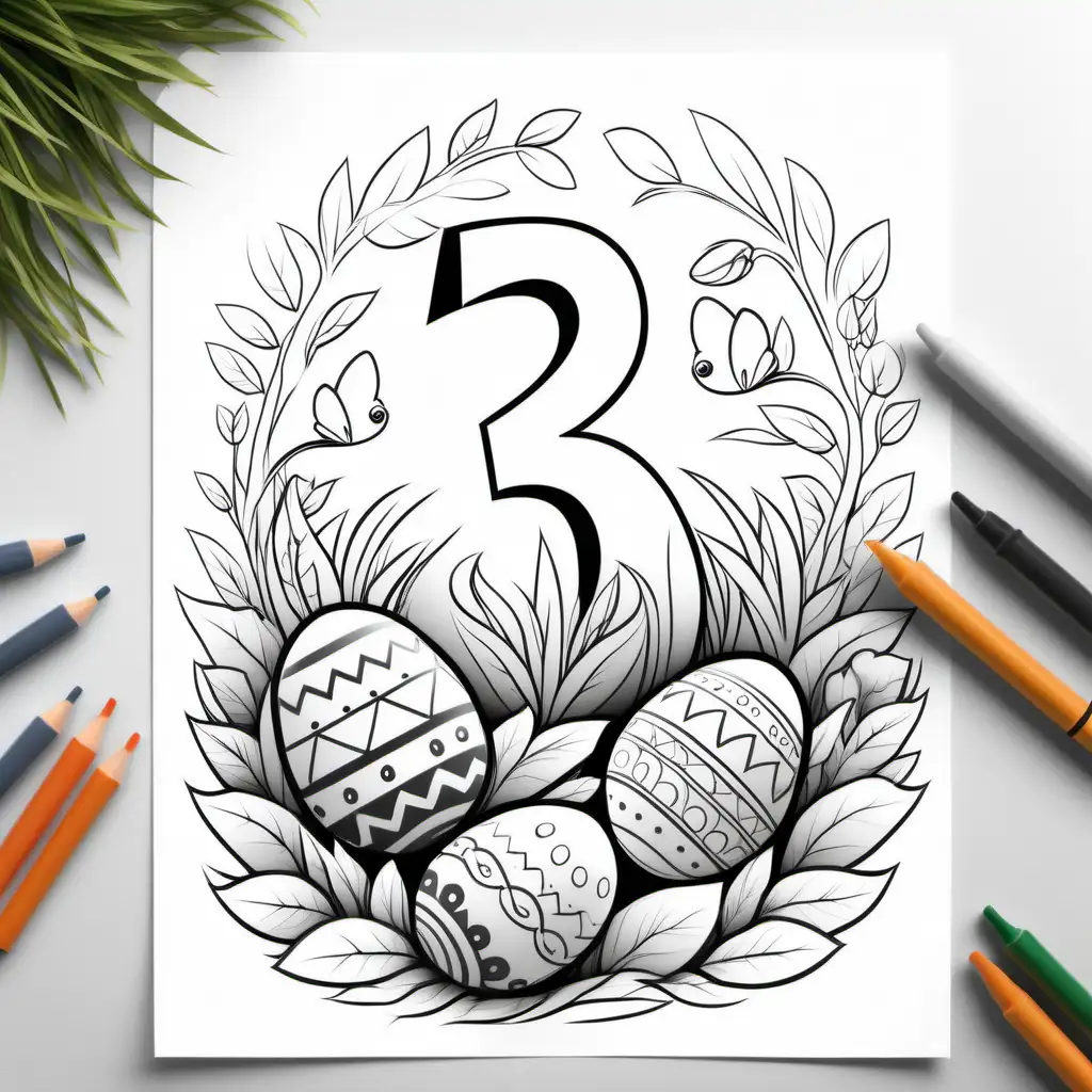 Create a black and white coloring page of Easter representing the number 3 on a white background, no shading, crisp lines, fun and large images, in nature