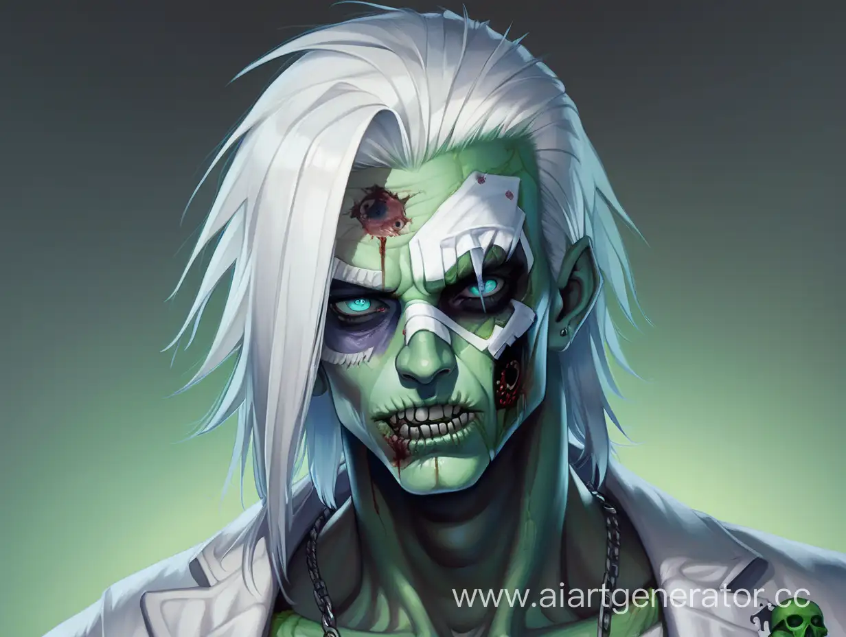 Male zombie goth, green skin, white hair, blue eyes, white bandages