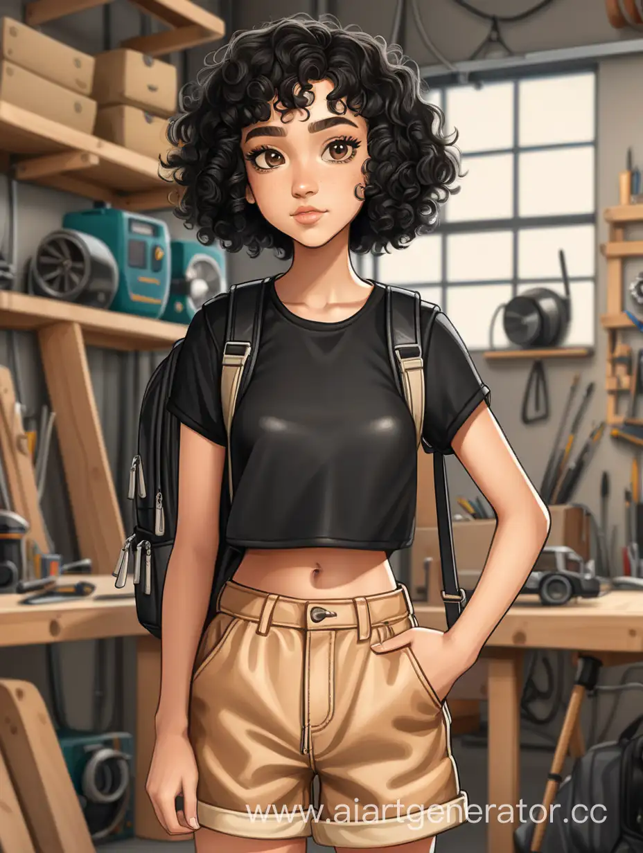 A teenage engineer girl with black curly short hair, wearing a black crop top, beige shorts, leather backpack. She's looking at the camera. She is in the background of the workshop. Cartoon style