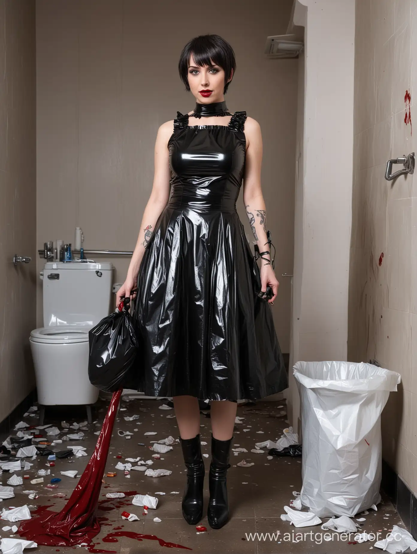 Gothic-Maid-in-Latex-Dress-Amidst-Bloody-Restroom