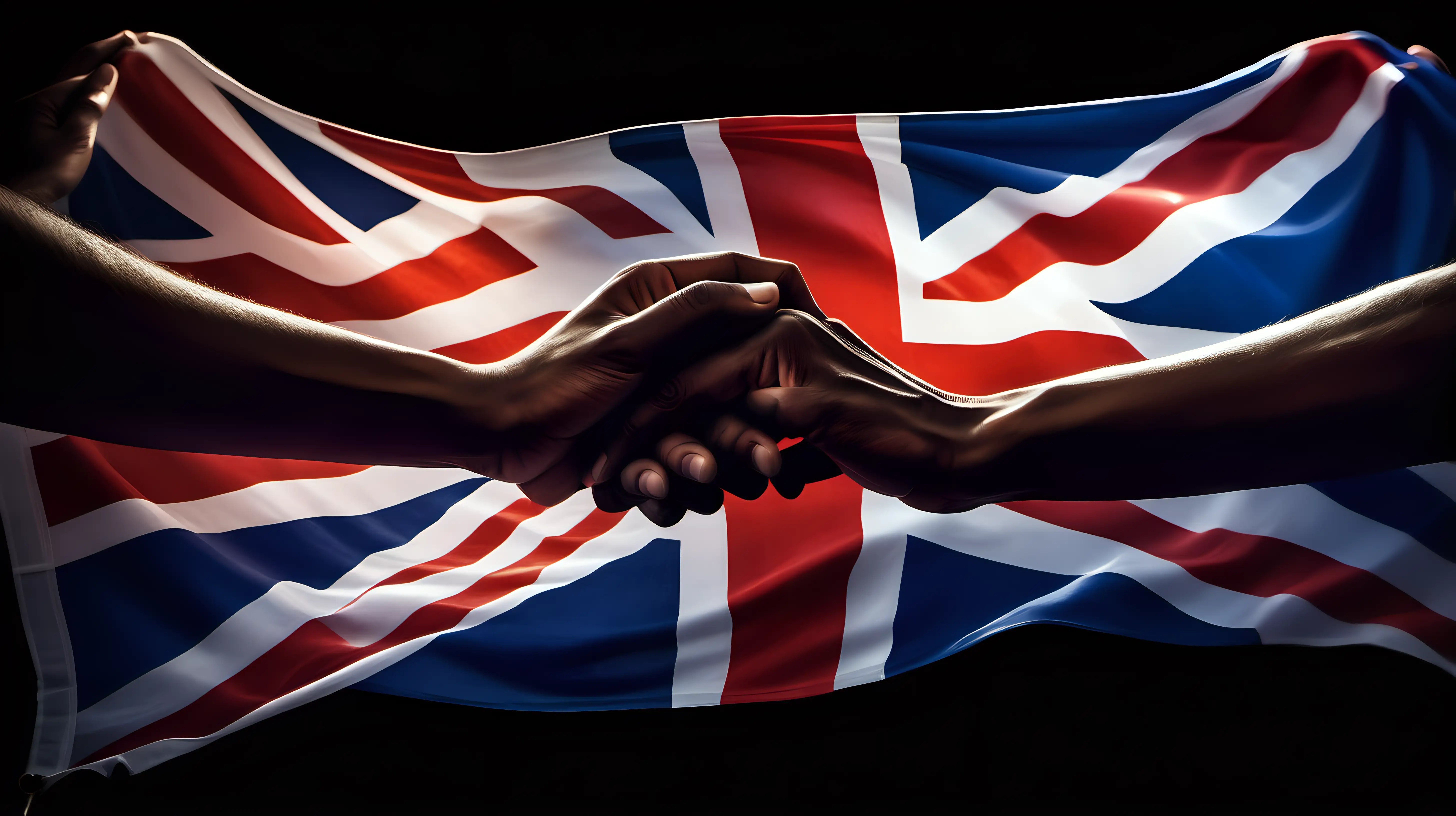 "Glow of allegiance: Zoom in on the hands of an individual as they clutch a radiant United Kingdom flag, the vibrant colors shining brightly against the darkness, echoing their deep love for their homeland."