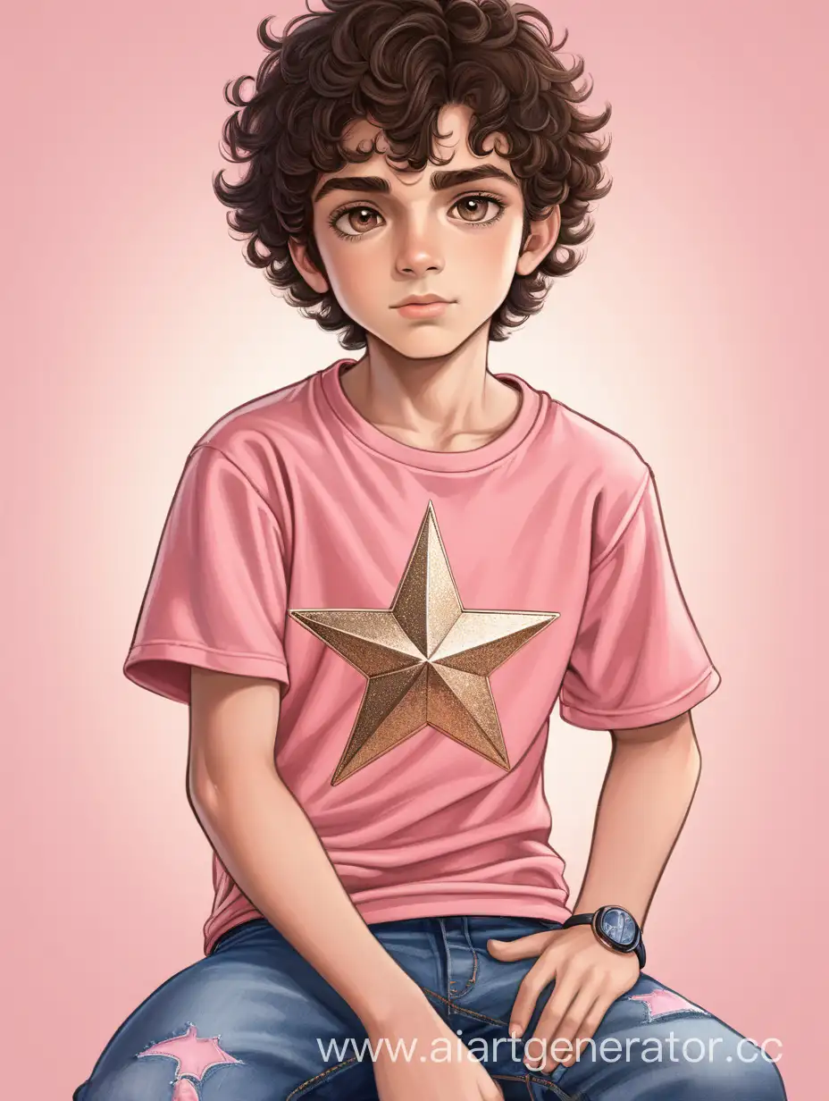 A young boy with fair skin, his dark brown curly hair framing his face. His captivating, dark brown eyebrows accentuate his expressive eyes, which are a stunning shade of full pink irises. He wears a salmon-pink T-shirt adorned with a gleaming gold star in the center. He pairs it with cuffed blue jeans. Completing his ensemble are comfortable salmon-pink flip-flop sandals.