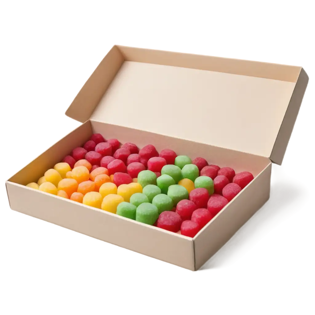 A box of candies stands with the lid open