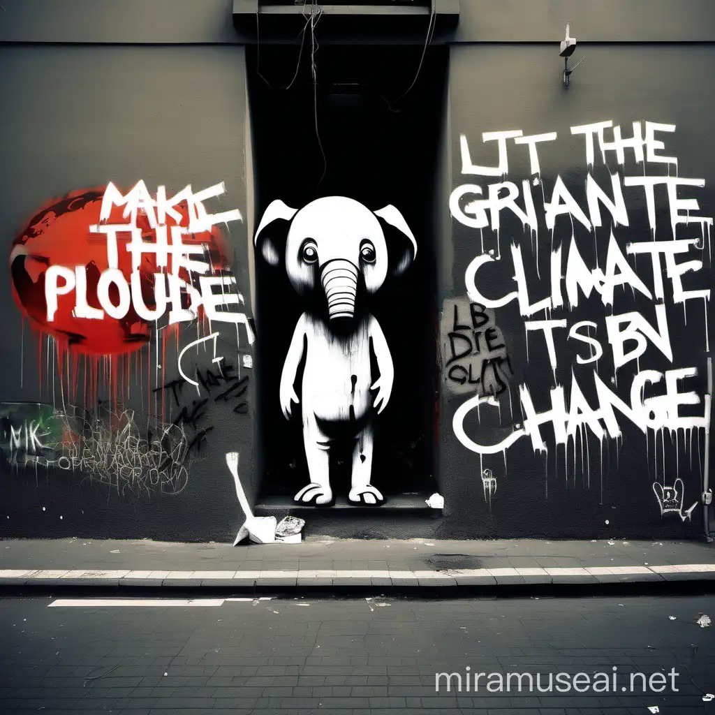 Make graffiti on the topic of climate change. Let the world be seen, as it was before and how destroyed it is now, and how it affects the animals. On the graffiti, let there be a !planet!, a animal  and !on the other side of the planet a man polluting the world.! it needs to be black and white. make a planet cut in the half. it has to look broken with the broken wall. Make it Banksy style.
