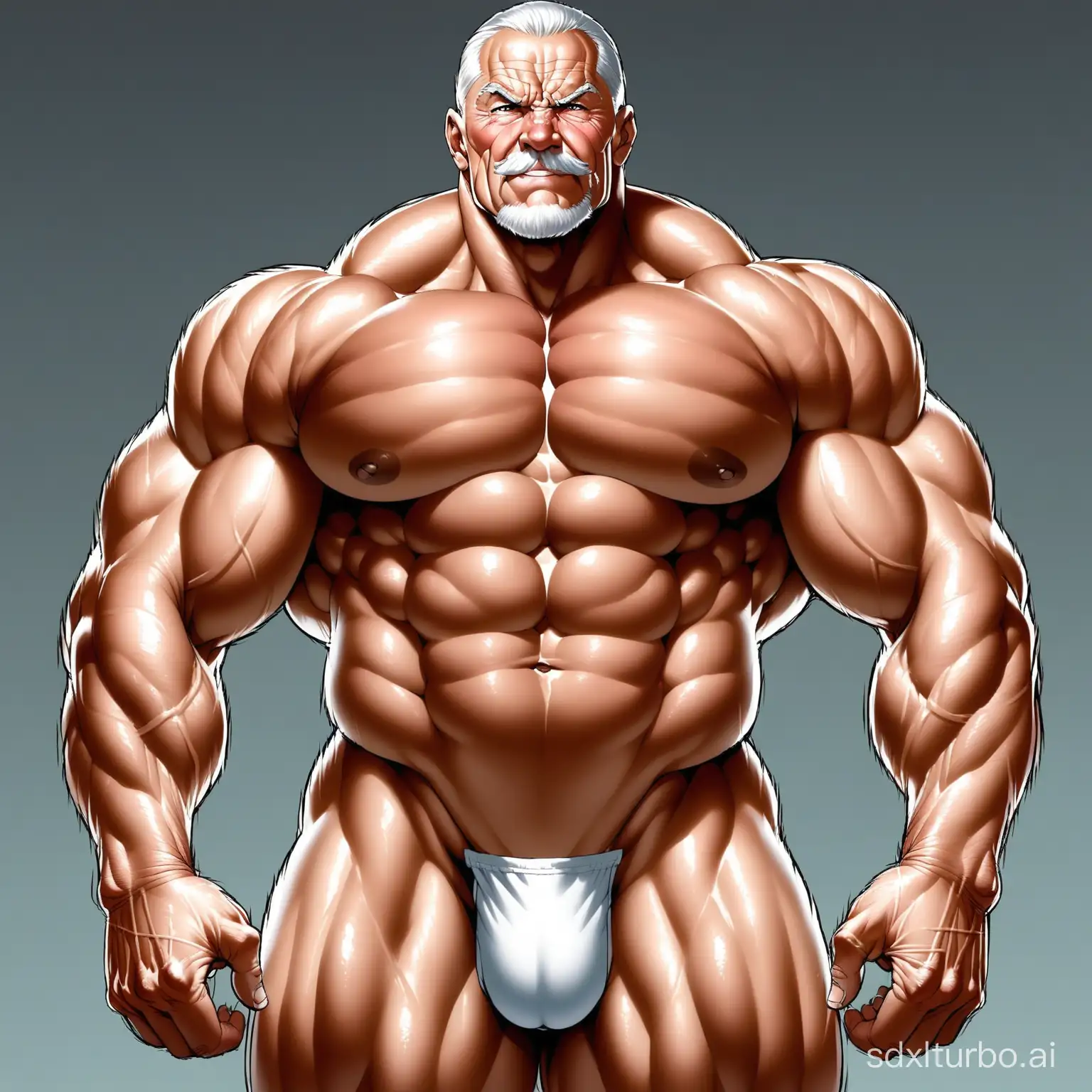 The elderly bodybuilder's naked muscular volume is huge and visible, with the muscles swelling and the glans very large.