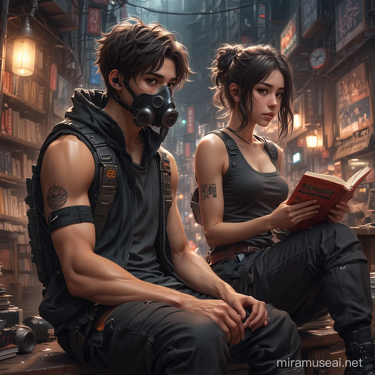 Dark Cyberpunk Noodle Shop Young Couple Reading Books Amidst Broken Neon Signs