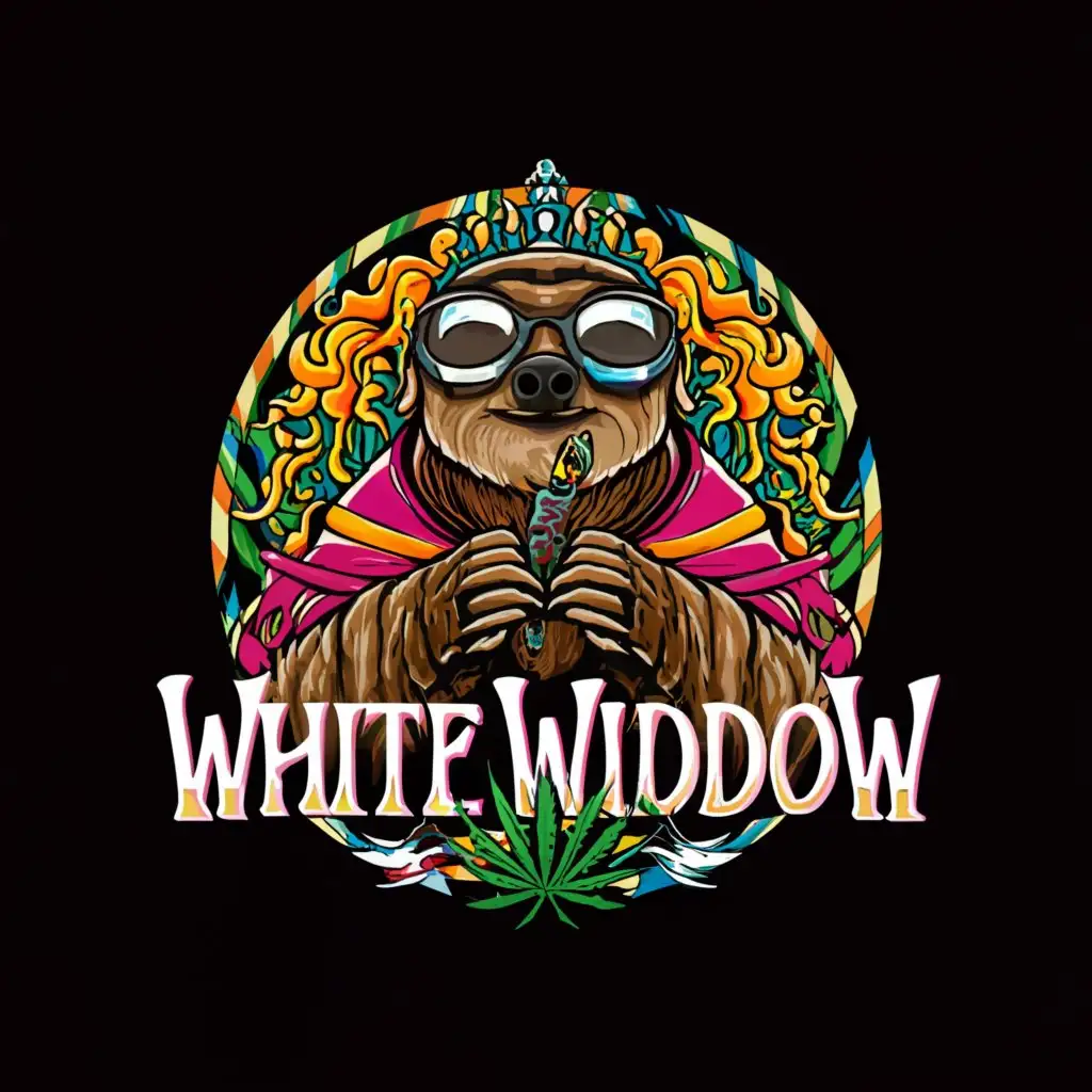 a logo design,with the text "WHITE WIDDOW", main symbol:a very old white sloth with white fur wearing glasses and a veil in front of its face, which is hanging on a cannabis plant. The sloth is smoking a cigar. Make everything colorful like a rainbow. Keep the look of the sloth exactly the same just let it rain colorful pills. Use a lot of saturated colors, complex, clear background