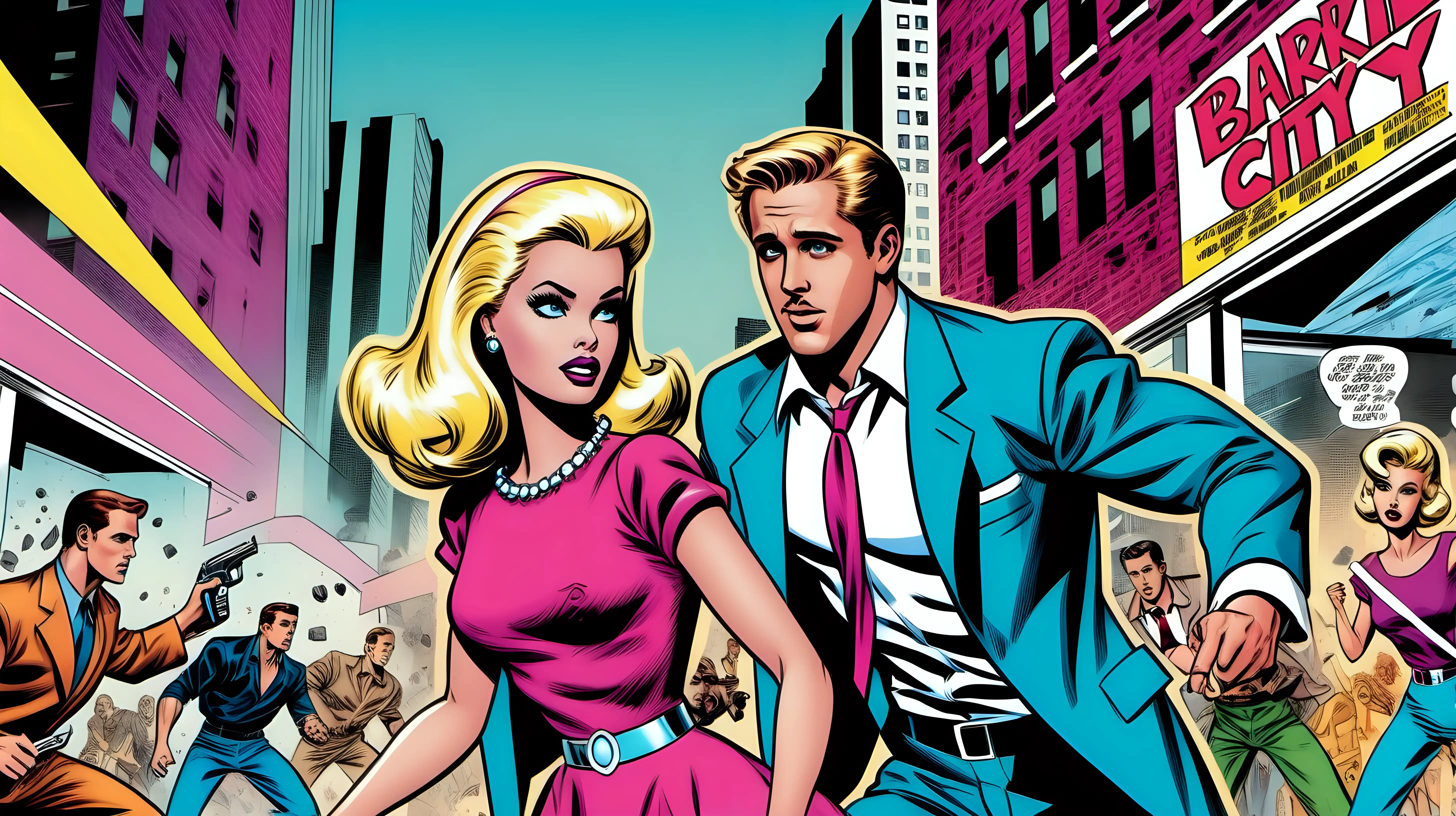 Dynamic comic scene featuring Margo Robbie as Barbie fighting the evil Ryan Gosling as Ken in a broken city, Jack Kirby style, comics action, cover for comics book, high contrast, vintage pastel colors --style raw --ar 4:5 --v 6.0 