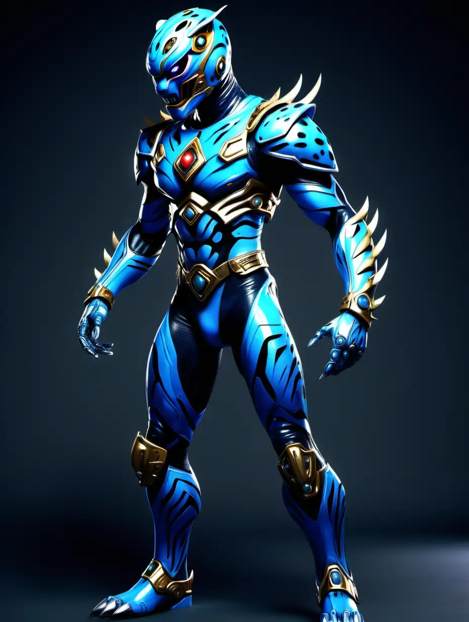 male, cybernetic power ranger warrior,  in blue jaguar animal form, 
