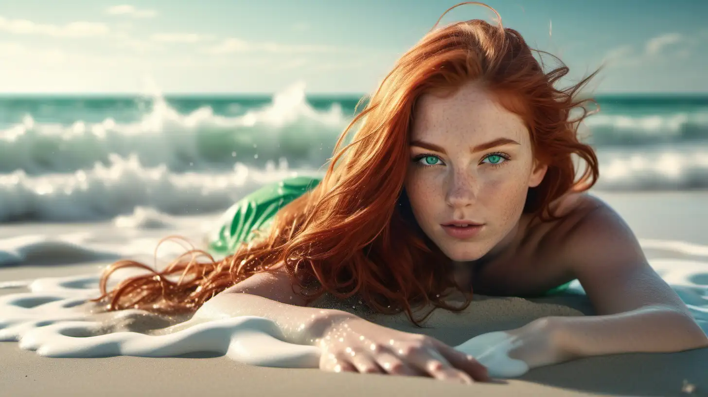 Create hyperrealistic photograph of a 25-year-old girl, long red hair, green eyes, perfect face. Lying on the sand as soft waves braking on her stunning body. The turquoise water and foam splash on her. Afternoon light relaxed atmosphere. High definition 8k image, octane render 