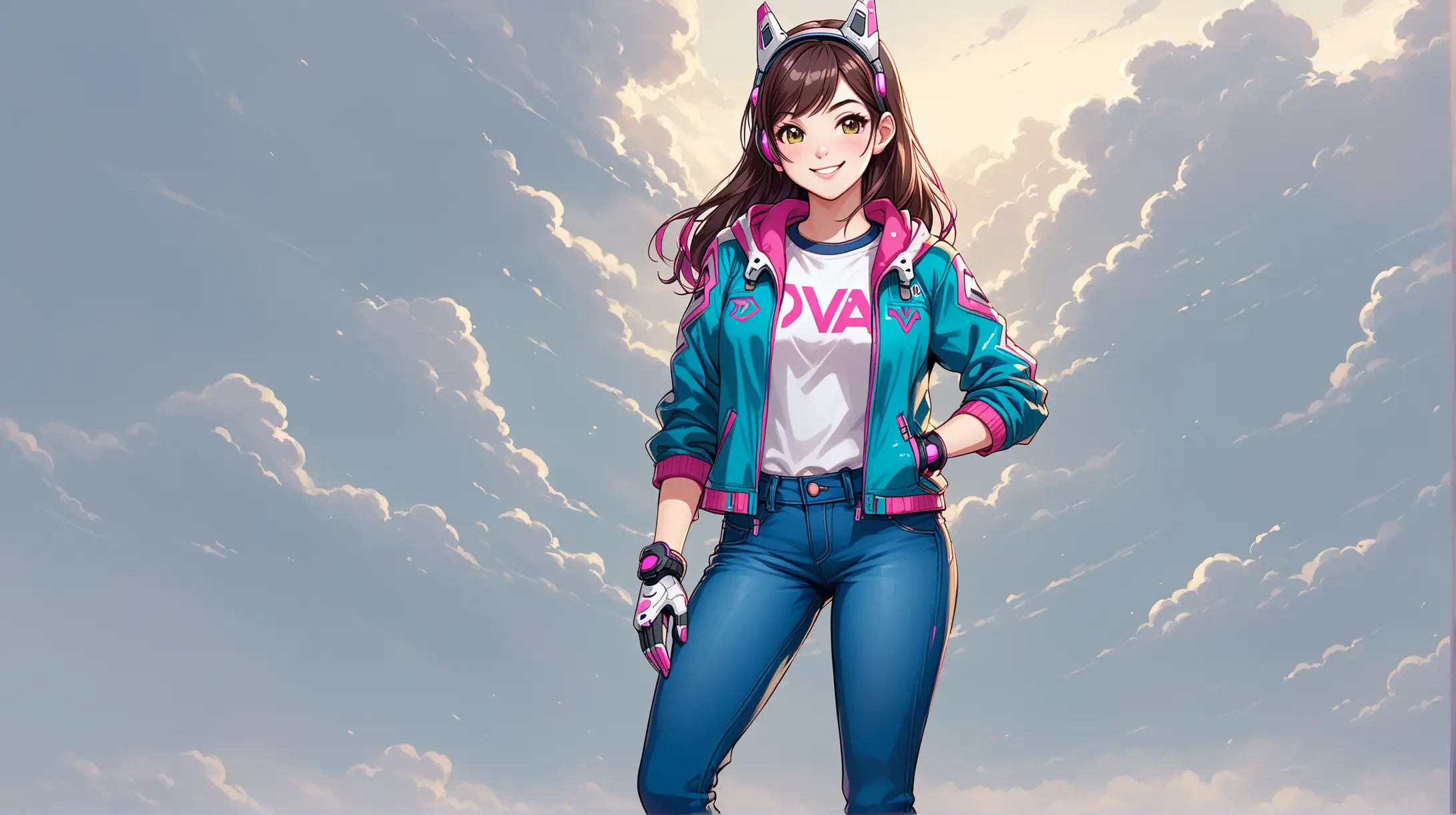 Draw the character D.Va, standing in a relaxed pose, outside on an overcast day, wearing jeans and a jacket, smiling at the viewer