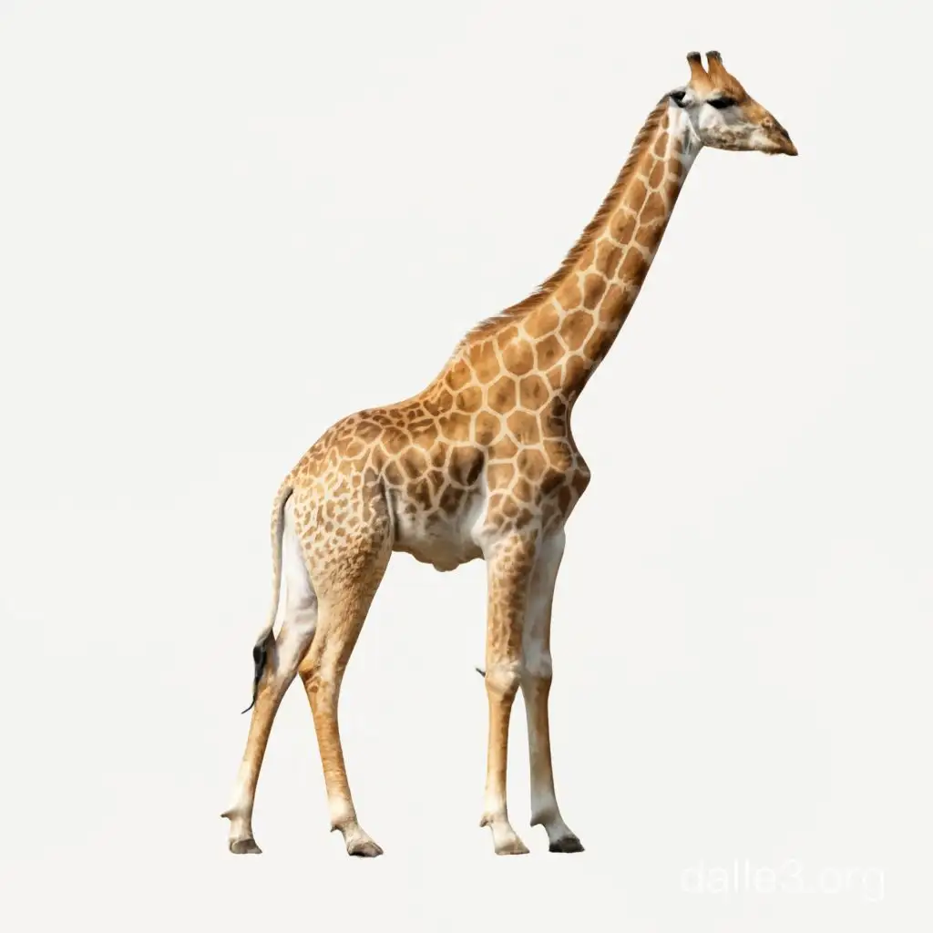 imagen de una jirafa albina de pie en cuerpo completo, que este de perfil, pero con la cabeza voltenado al frente, en alta calidad y en formato png