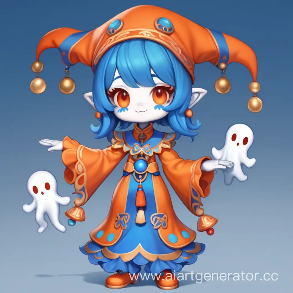 a jester girl, orange and blue costume palette, with little bells on the end of her hat, with red chinese-like eyeliner and a chibi look alike ghost friend, in full growth like reference