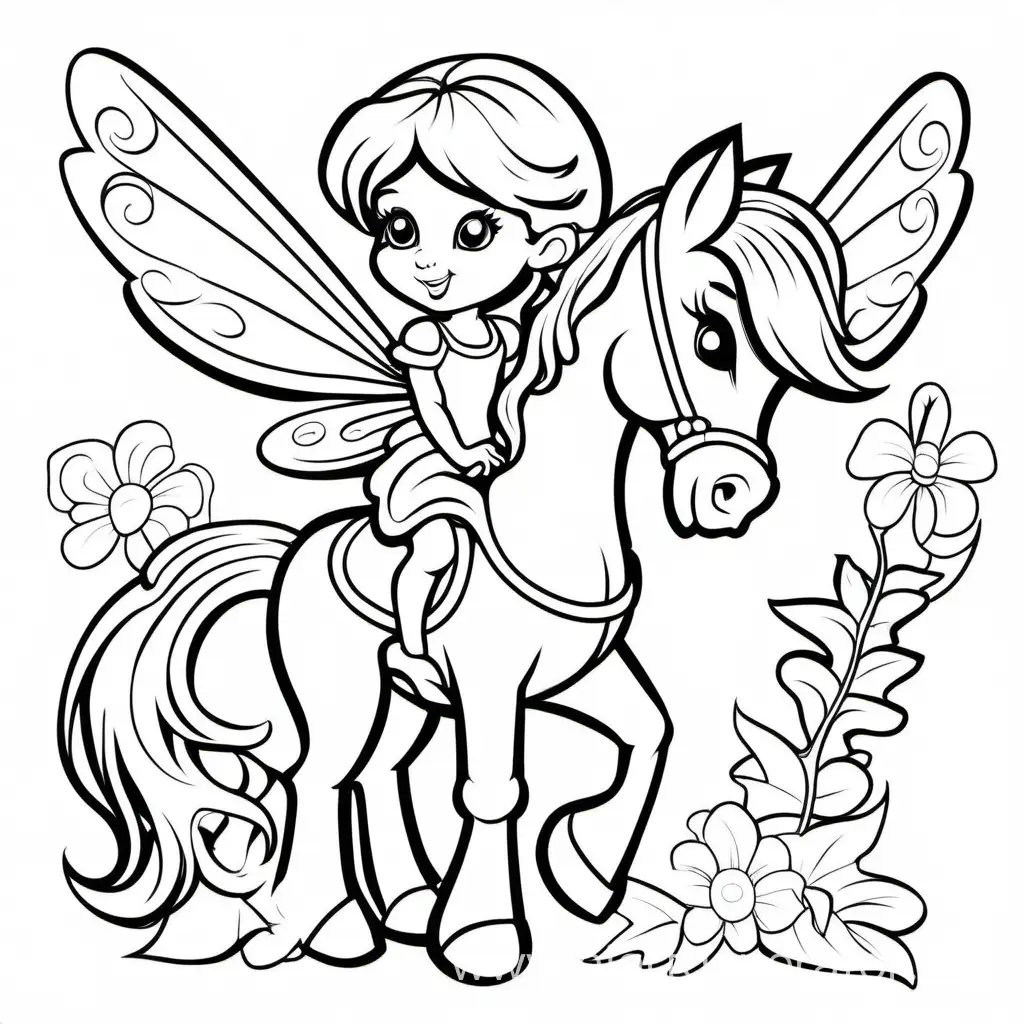 Whimsical-Cartoon-Fairy-Riding-Pony-in-Monochrome