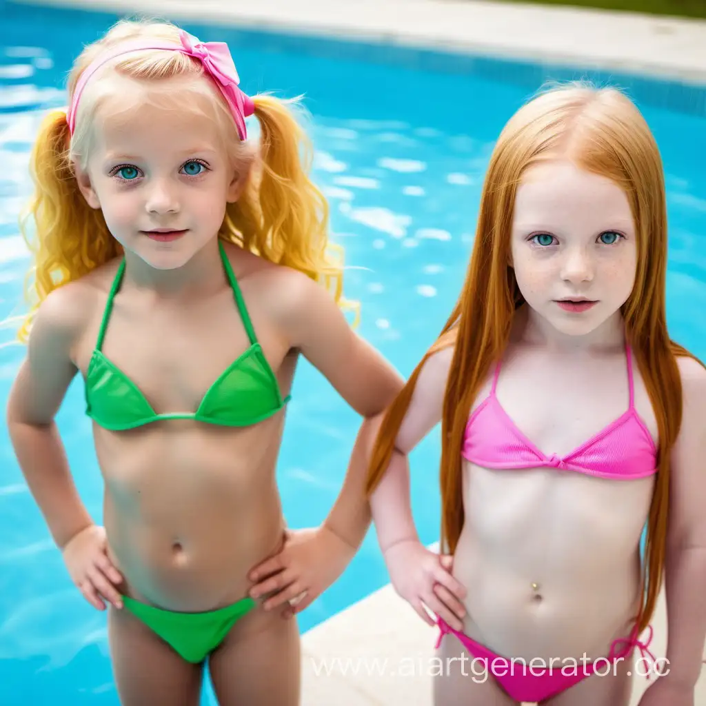 Two european  four years old girls are standing near a swimming pool, one is blond with blue eyes and is wearing a yellow micro bikini and the other is redhead with green eyes wearing a pink string bikini.